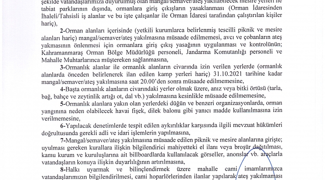 KAHRAMANMARAŞ VALİLİĞİN ORMAN YANGINLARI İLE ALDIĞI KARARLAR